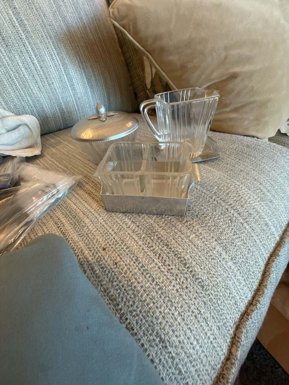 Rodney Kent Hammered Aluminum And Glass creamer and two sugar bowl/dish